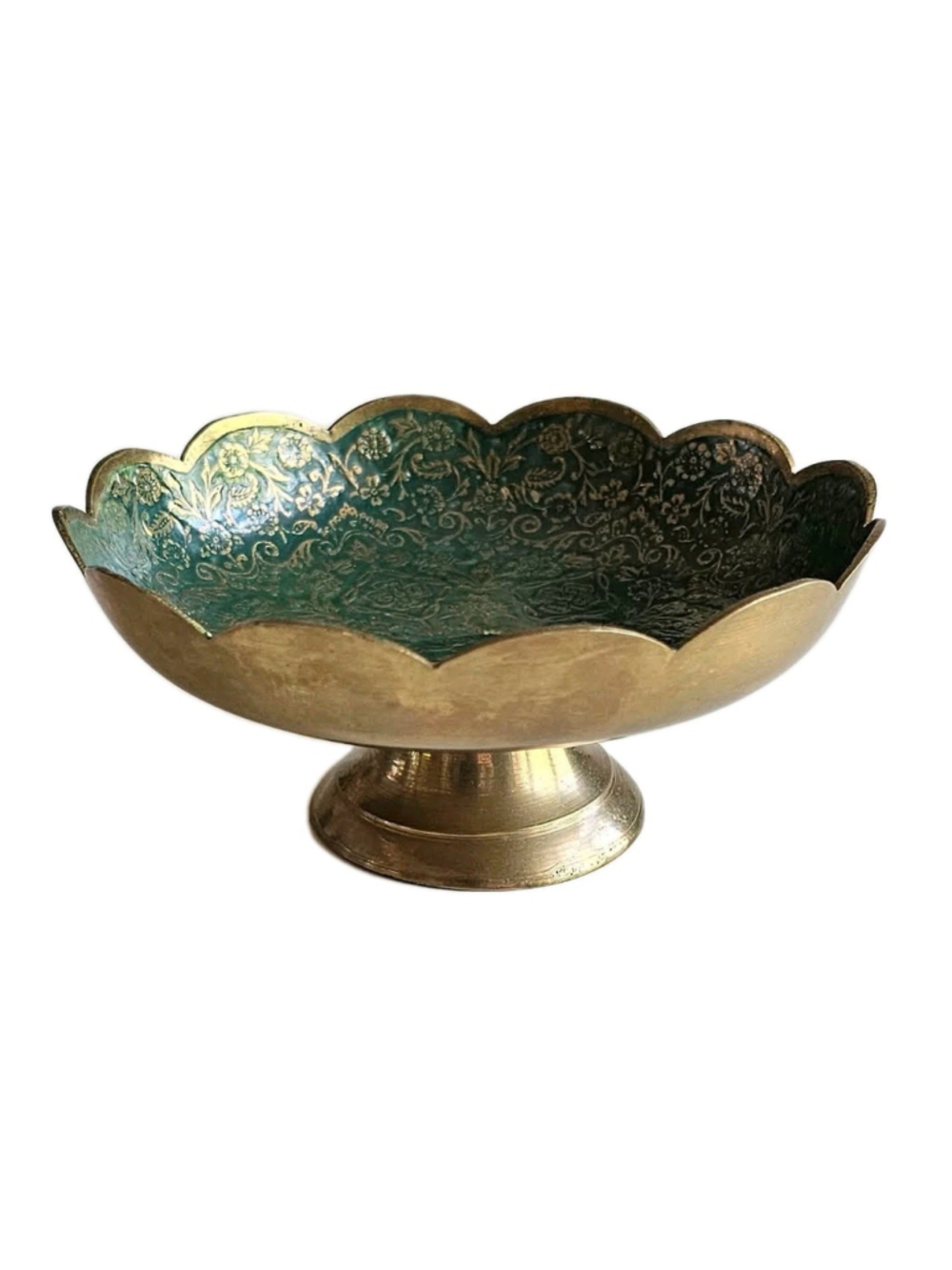 Vintage Green Enameled Brass Pedestal Bowl - Scalloped Edge Floral - 5"